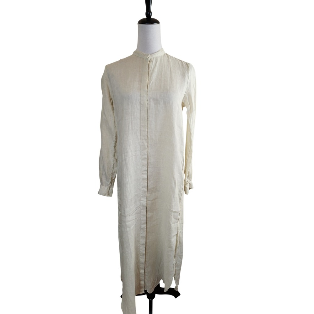 Caliban Italy Beige 100% Linen Band Collar Maxi Shirt Dress Womens S 40‎ Luxury